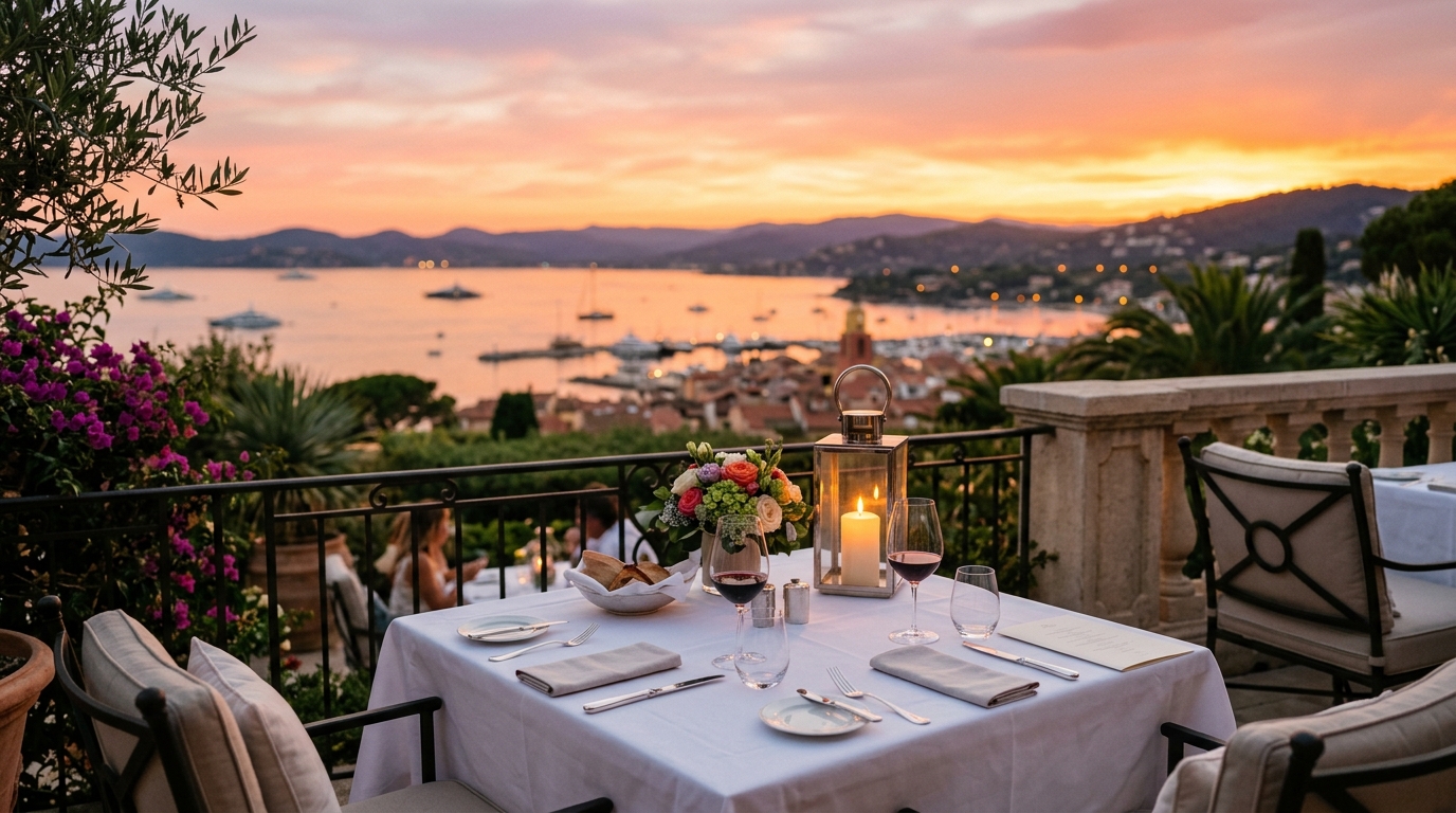 Terrasse dînatoire coucher de soleil Saint-Tropez